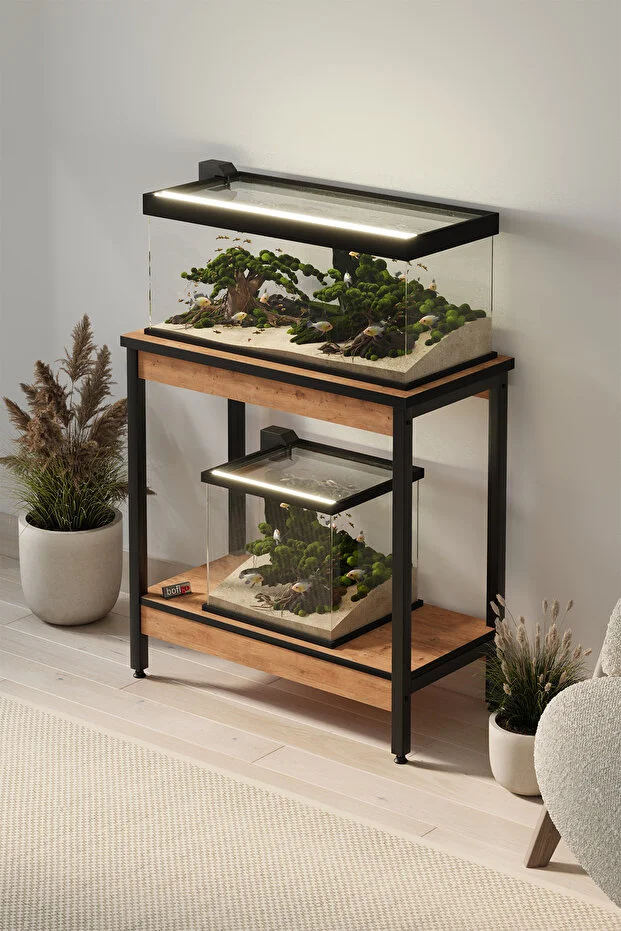 Akvaryum Sehpası Yan Sehpa Metal Ayaklı Sehpa 80 x 40 Cm Çam